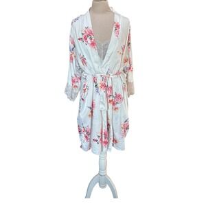 VTG Flora Nikrooz Womens White Floral Print Satin Lace Trim Robe Slip Set Sz  L